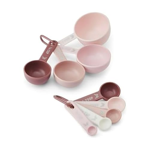 Measuring Cups and Spoons Set, Pink with Butterfly Accents, Easy-Read Markings, Nesting Design with Ring, 1/4 tsp to 1 Cup, Baking and Cooking Essential, 9 Piece
