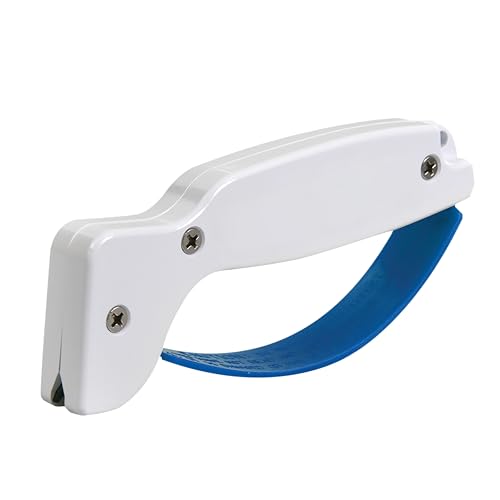 Knife & Tool Sharpener, Restores, Hones & Sharpens Straight & Serrated Knives, Hand-Held Tungsten Carbide Sharpening Tool, White & Blue, 1 Pack