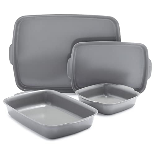 Premiere Ovenware Healthy Ceramic Nonstick 4 Piece Bakeware Set, PFAS-Free, Rectangular, Square, Quarter, Half Sheet Baking Pans, Warp-Free, Oven Safe to 600F, Dishwasher Safe, Gray