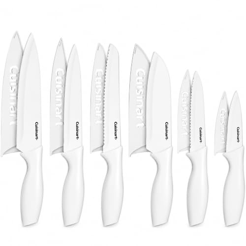Knife Set, 12pc Ceramic Coated Knife Set with 6 Blades & 6 Blade Guards, Lightweight, Stainless Steel, Durable & Dishwasher Safe (White)