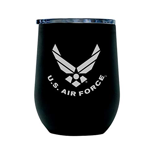 Air Force Steel Stemless Wine Glass Tumbler, 12 oz Double Wall Vacuum Insulated Whiskey Tumbler with USAF logo & Lid | USAF 12oz Wine Tumbler