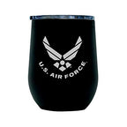 Air Force Steel Stemless Wine Glass Tumbler, 12 oz Double Wall Vacuum Insulated Whiskey Tumbler with USAF logo & Lid | USAF 12oz Wine Tumbler