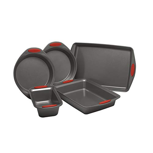 Nonstick Bakeware with Grips includes Nonstick Bread Pan, Baking Pan, Cake Pans and Cookie Sheet / Baking Sheet - 5 Piece, Gray with Red Grips