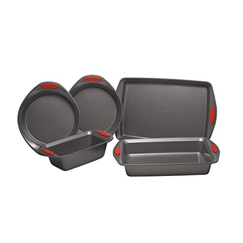 Nonstick Bakeware with Grips includes Nonstick Bread Pan, Baking Pan, Cake Pans and Cookie Sheet / Baking Sheet - 5 Piece, Gray with Red Grips - view 2