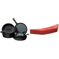 Seasoned Cast Iron 5 Piece Bundle. 10.5" Griddle, 8" Skillet, 10.25" Skillet, 10.25" Dutch Oven, and 10.25" Lid & ASAHH41 Silicone Assist Handle Holder, Red