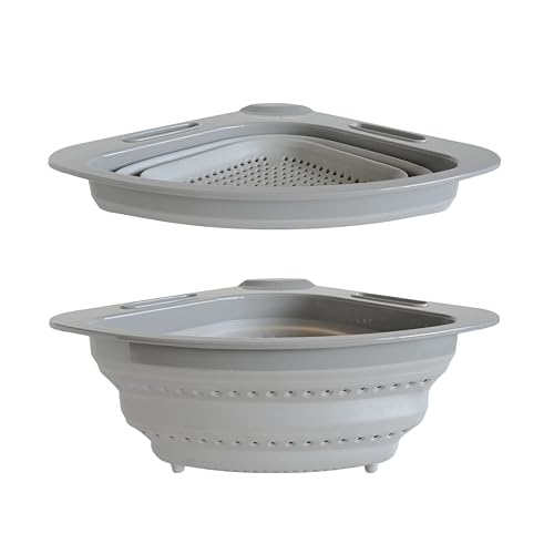Collapsible Corner Colander – Space-Saving Over Sink Strainer, 3.5 Qt, Grey