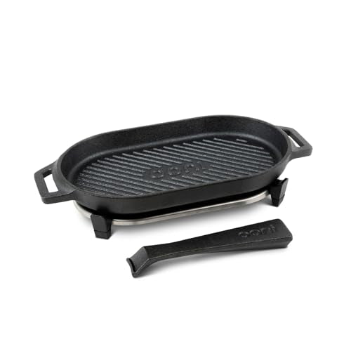 Cast Iron Grizzler Pan - Grill Frying Pan, 12" x 6" Griddle Plate with Removable Handle and Stainless Steel Trivet, Pre-Seasoned Non-Stick Oven Safe Cookware, Pizza Oven and BBQ Accessories - view 2