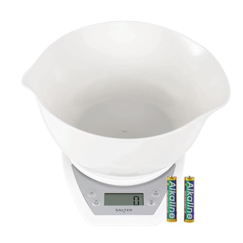 Digital Electronic Kitchen Scales - 2 Litre Dual Pour Mixing Bowl, Perfect for Cooking, Baking, Food/Liquid Weighing, Easy Read Display, Metric/Imperial, 15 Year - White with White Bowl