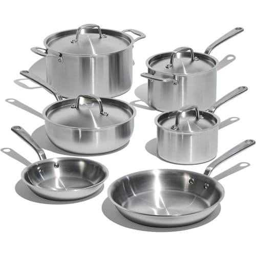 Cookware - 10 Piece Stainless Steel Pot and Pan Set - 5 Ply Clad - Includes Stainless Steel Frying Pans, Saucepans, Saucier and Stock Pot W/Lid - Professional Cookware - Crafted in Italy