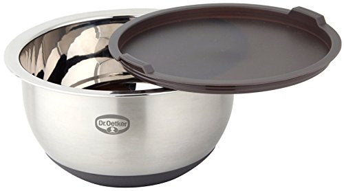 Mixing Bowl with Lid 5 L Back Fun, Mixing Bowl with Non-Slip Silicone Base and Flat Pouring Rim, Bowl Made of High-Quality Stainless Steel, Silver/Grey/Brown, Dishwasher Safe
