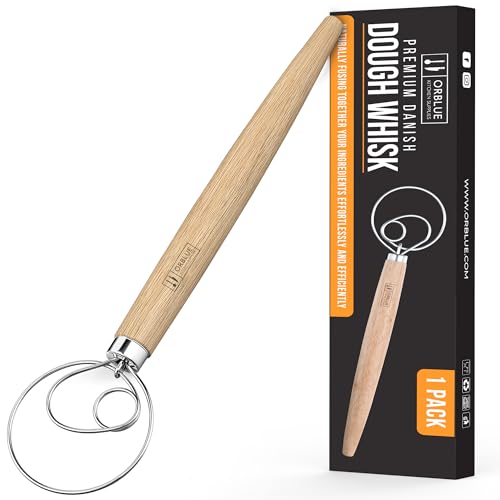 Premium Danish Dough Whisk - Dutch Whisk with Stainless Steel Ring - Danish Whisk for Bread, Pastry or Pizza Dough, 13-inch 1-PACK