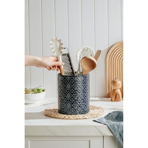 Kitchen Utensil Holder, 6x7 inch Large Ceramic Utensil Holder with Embossed Pattern, Cooking Utensil Crocks for Kitchen Countertop, Home Decor, Blue - view 5