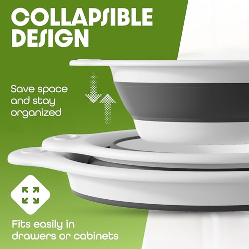 Collapsible Colanders (2 Pack Set) Food Strainers with Over-Sink Water Draining Base for Pasta Fruits and Vegetables (4 and 5 Quart) - White Gray - view 3
