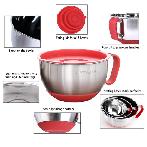 Stainless Steel Mixing Bowls: Metal Mixing Bowl Set with Lids and Handles Non-slip Silicone Bottom Nesting Bowls for Kitchen Set of 3 - Red - view 2