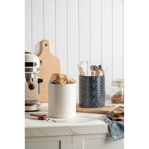 Kitchen Utensil Holder, 6x7 inch Large Ceramic Utensil Holder with Embossed Pattern, Cooking Utensil Crocks for Kitchen Countertop, Home Decor, Blue - view 2