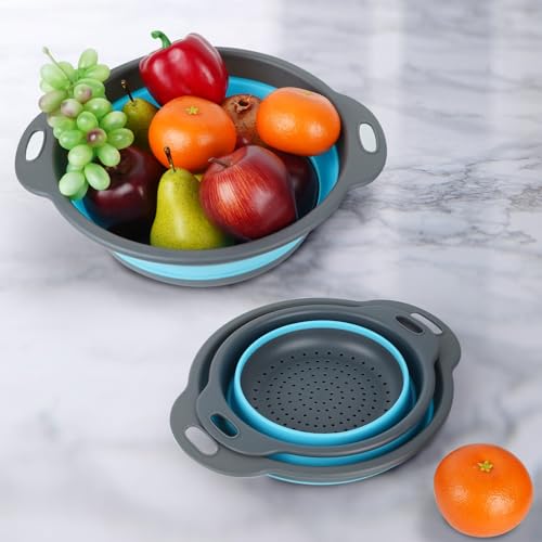 Collapsible Colander 3-Pack Set Space-Saving Foldable Kitchen Strainer with Non-Slip Base Durable Thickened PP+TPE Collapsible Strainers for Pasta, Vegetables, Fruits (Gray-Blue) - view 3
