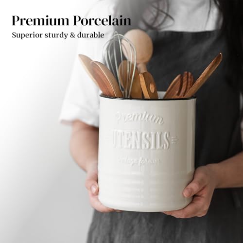 7.2" Large Ceramic Utensil Holder for Kitchen Counter, Beige - view 4