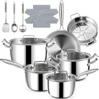 Stainless Steel Cookware Set - 20 PCS Pots and Pans Set with 3-Ply Stainless Steel Frying Pan, Professional Kitchen Cooking Set, Induction Compatible, Oven & Dishwasher Safe