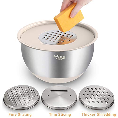 Mixing Bowls with Airtight Lids Set, 5PCS Stainless Steel Nesting Bowls with Grater Attachments & Non-Slip Bottoms, Size 5, 3, 2, 1.5, 0.63 QT, Great for Mixing & Serving, Khaki - view 3