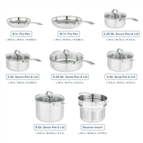 3-Ply Pots and Pans Set, 13 Piece Stainless Steel Cookware, Glass Lids, Strainer, Silver - view 4
