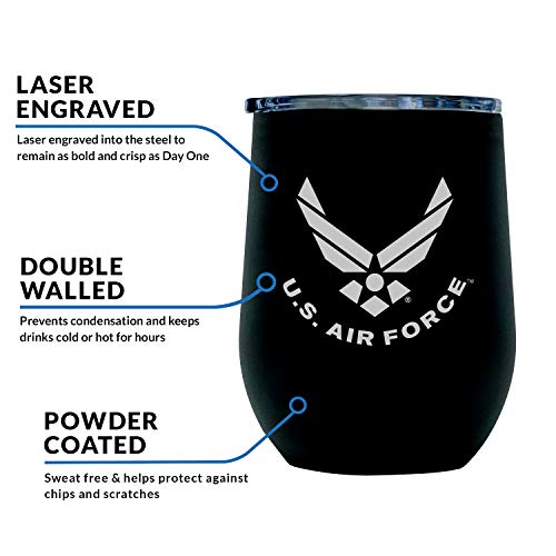 Air Force Steel Stemless Wine Glass Tumbler, 12 oz Double Wall Vacuum Insulated Whiskey Tumbler with USAF logo & Lid | USAF 12oz Wine Tumbler - view 2