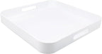 Square White Decorative Serving Tray with Handles, Versatile Ottoman Tray for Coffee Table, Entertaining, Outdoor Patio, Living Room, 13”*13”*1.6”