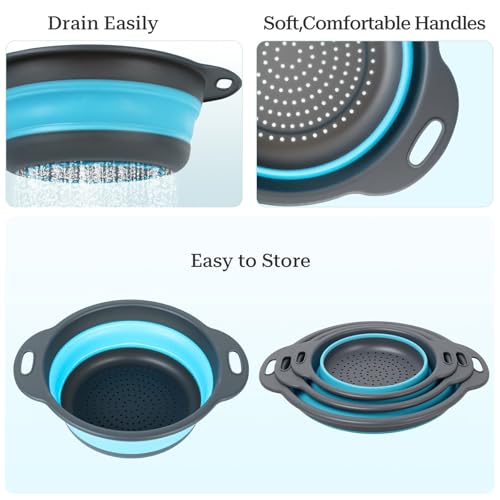 Collapsible Colander 3-Pack Set Space-Saving Foldable Kitchen Strainer with Non-Slip Base Durable Thickened PP+TPE Collapsible Strainers for Pasta, Vegetables, Fruits (Gray-Blue) - view 4