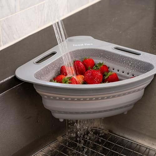 Collapsible Corner Colander – Space-Saving Over Sink Strainer, 3.5 Qt, Grey - view 3