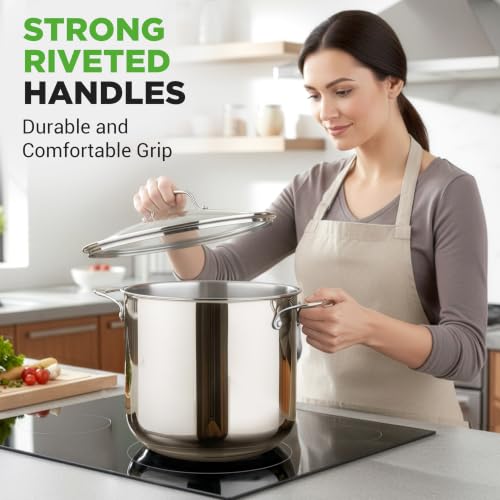 15-Quart Stainless Steel Stock Pot with Tempered Glass Lid - Induction Compatible Large Stockpot, Ideal for Stews & Soups, Dishwasher Safe - NCSP16 - view 5