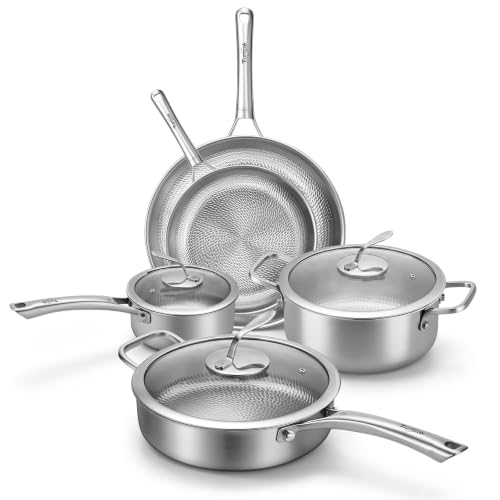 Titanium Cookware Set, 8-Piece Pots and Pans Set, Non-Stick Hammered Pro Titanium Pan with Lid, PFAS/PFOA/PTFE-Free, Dishwasher & Oven Safe, Compatible with Gas Stoves and Induction Cooktops