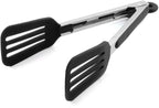 Cooking Tong 9 inches Stainless Steel Kitchen Silicone Serving Tong Heat Resistant Meat Turner Spatula Tongs Fish Tongs with Locking Handle Joint (Black)