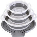 Collapsible Colander Set with Oversized Draining Tray | 3-Pack Foldable Kitchen Strainers + Base | Space Saving for Pasta, Veggies, Fruit & Rice | 5 Colors (Gray-White)