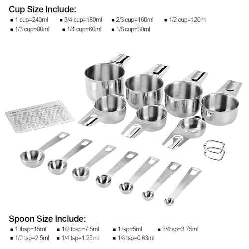 Measuring Cups and Spoons Set Heavy Duty 304 Metal Stainless Steel Measuring Cup Spoon Kitchen Gadgets for Cooking Baking (Set of 17) - view 2