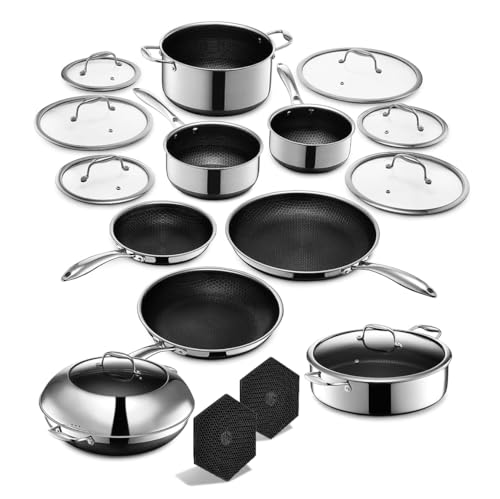 Hybrid Nonstick 18-Piece Cookware Set, 2, 3, and 8Qt Pots with Lids, 2 Silicone Trivets, 8", 10", and 12" Pans with Lids, 7Qt Chicken Fryer with Lid, and 14" Wok with Lid, Stay-Cool Handles