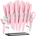 22 Piece Kitchen Knife Set with Block and Sharpener, Pink