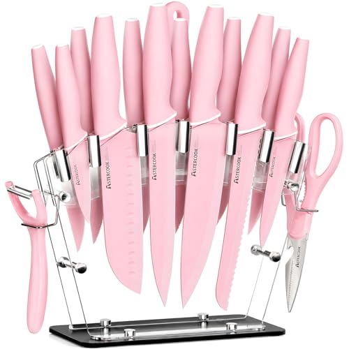 22 Piece Kitchen Knife Set with Block and Sharpener, Pink