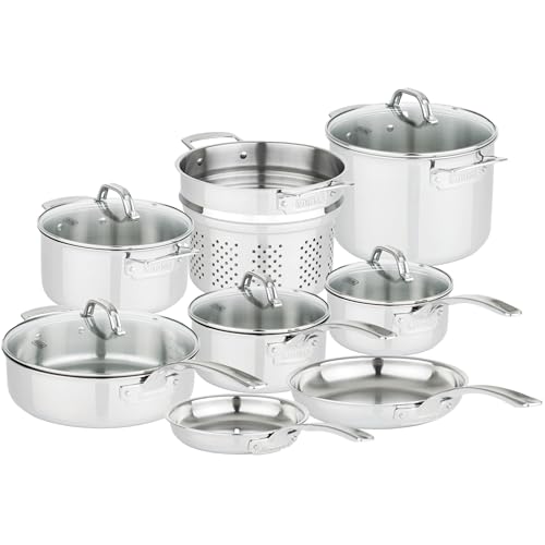 3-Ply Pots and Pans Set, 13 Piece Stainless Steel Cookware, Glass Lids, Strainer, Silver
