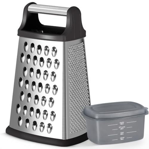 Cheese Grater, Handheld Box Grater with Container & Lid, 4-Sided Stainless Steel for Kitchen, Wavy Julienne, Slicer, Coarse Shred & Fine Zester, Non-Slip Base, Dishwasher Safe, 8 Inch