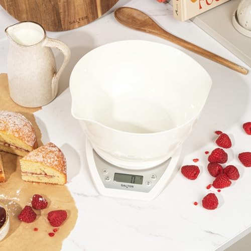 Digital Electronic Kitchen Scales - 2 Litre Dual Pour Mixing Bowl, Perfect for Cooking, Baking, Food/Liquid Weighing, Easy Read Display, Metric/Imperial, 15 Year - White with White Bowl - view 5