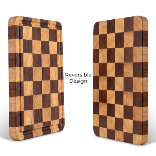 Checkered Cutting Board for Kitchen, 15"x10.4"x1.2" End Grain Cutting Board, Solid Ebony and Rubberwood Butcher Block Cutting Board with Juice Groove, Reversible Wooden Charcuterie Board - view 4
