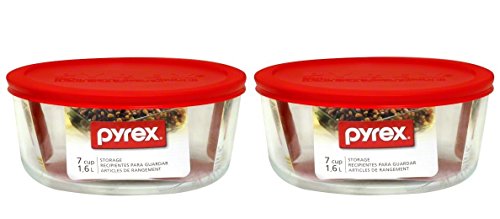 7203 (7-Cup) Glass Bowl with Red Lid (2-Pack) - Made in USA