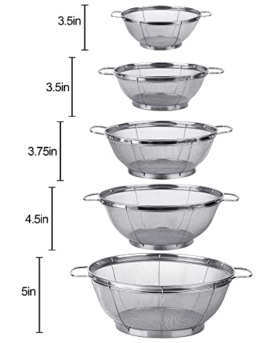 5 Pack 18/8 Stainless Steel Colander Sieves, Multi Size Mesh Strainer Net Baskets with Handles & Resting Base for Strain, Drain, Rinse or Steam - view 5