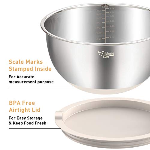 Mixing Bowls with Airtight Lids Set, 5PCS Stainless Steel Nesting Bowls with Grater Attachments & Non-Slip Bottoms, Size 5, 3, 2, 1.5, 0.63 QT, Great for Mixing & Serving, Khaki - view 2