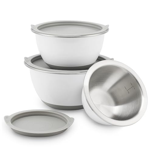 18/8 Stainless Steel Mixing Bowls Set with Lids,1.5,3 & 5 Qt,White