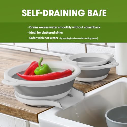 Collapsible Colanders (3 Pack Set) Food Strainers with Over-Sink Water Draining Base for Pasta Fruits and Vegetables (Patent Pending) White (3 Sizes, 3QT, 4QT and 5 Quart) - view 2