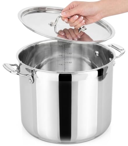 16-Quart Stainless Steel Stockpot - 18/8 Food Grade Heavy Duty Large Stock Pot for Stew, Simmering, Soup, Includes Lid, Dishwasher Safe, Works w/Induction, Ceramic & Halogen Cooktops
