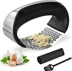 Angel's Peel Lounge Stainless Steel Garlic Press Rocker Set with Silicone Garlic Peeler & Cleaning Brush – Garlic Chopper, Mincer, Grater, Crusher – Easy for Crushed Cloves – Rust-Resistant, Black
