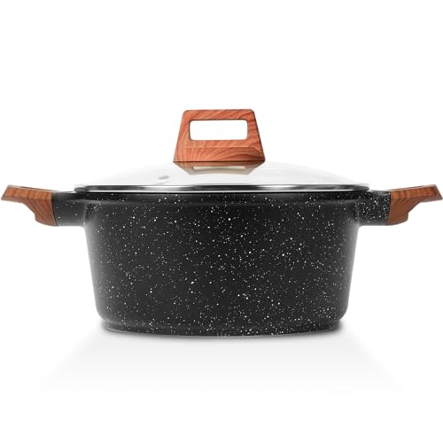 Nonstick Stock Pot with Lid, 3 Quart Granite Casserole Small Soup Pot Pasta Cooking Pot, Induction Compatible, PTFE & PFOA Free, Black