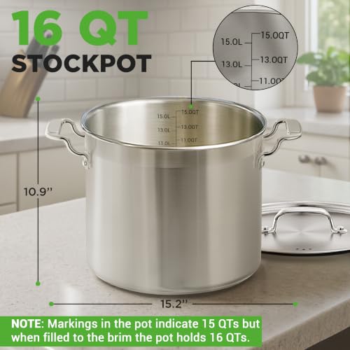 16-Quart Stainless Steel Stockpot - 18/8 Food Grade Heavy Duty Large Stock Pot for Stew, Simmering, Soup, Includes Lid, Dishwasher Safe, Works w/Induction, Ceramic & Halogen Cooktops - view 2