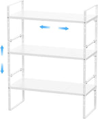Expandable Kitchen Cabinet Shelf Organizers 3 Pack, Stackable Metal Pantry Storage Shelves Rack, Adjustable Counter Shelf for Cabinets, Countertop, Cupboard Organizers and Storage, White